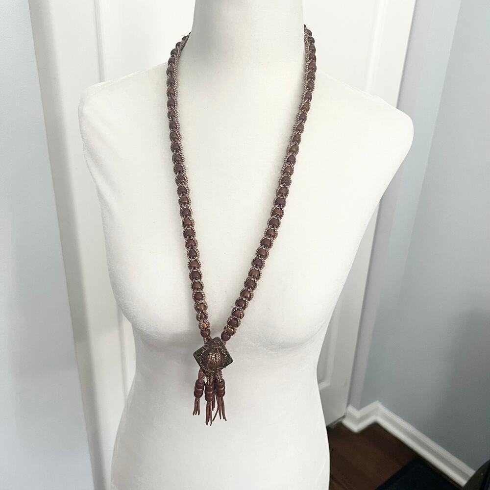 Unique brown and bronze tone pendant long tassel beaded necklace